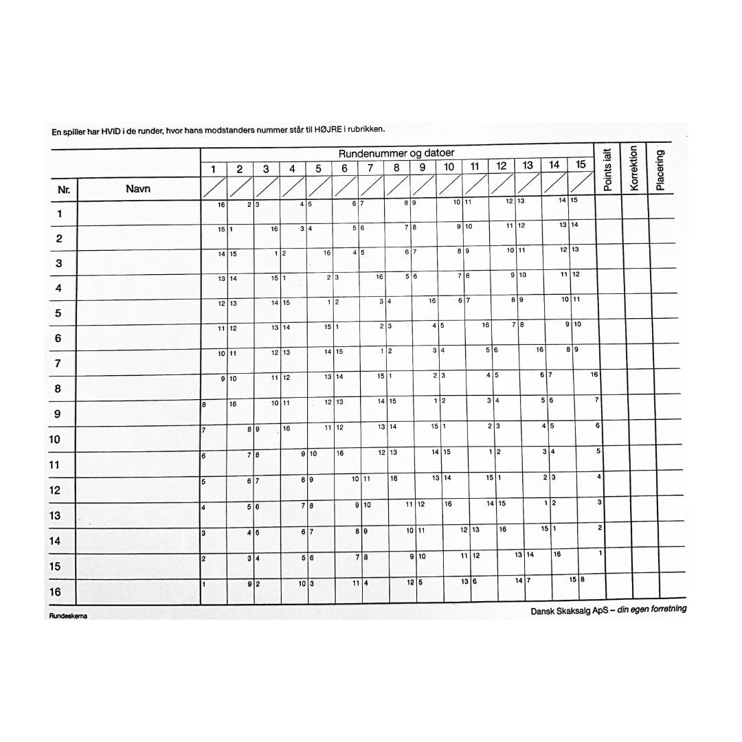 Stort rundeskema til skakturneringer med dansk skaksalg stående i hjørnet og plads til 16 skakspillere