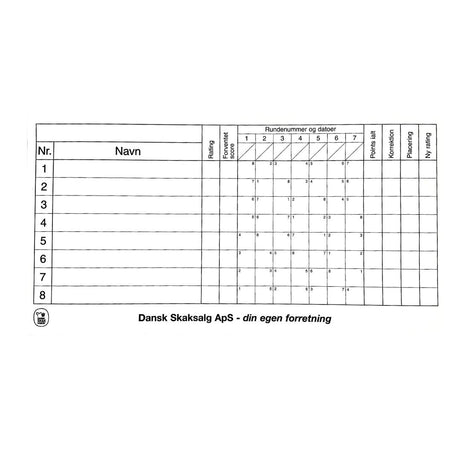 Stort rundeskema til skakturneringen med 8 skakspillere og mulighed for at tilgøje ny rating ved slutningen af turneringen