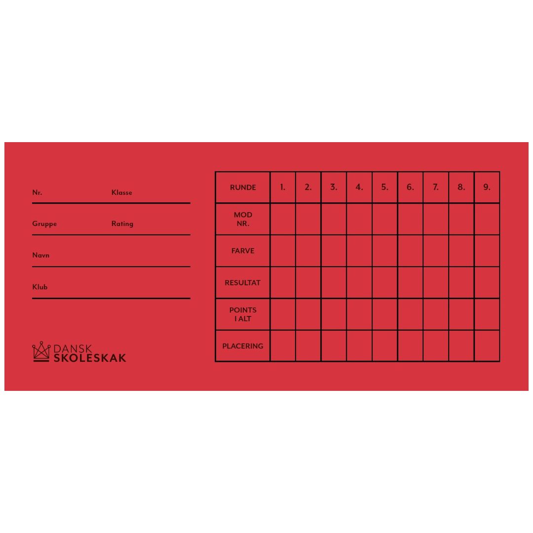 Rundekort med plads til at skrive klasse, gruppe rating og meget andet i op til ni runder med dansk skoleskaks logo