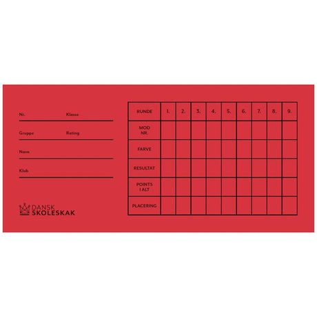 Rundekort med plads til at skrive klasse, gruppe rating og meget andet i op til ni runder med dansk skoleskaks logo