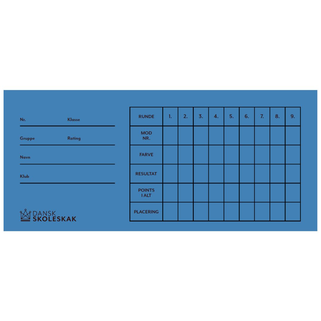 Rundekort i blå med dansk skoleskaks logo i hjørnet kan bruges til lægge skakturneringer