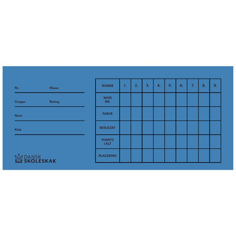 Rundekort i blå med dansk skoleskaks logo i hjørnet kan bruges til lægge skakturneringer