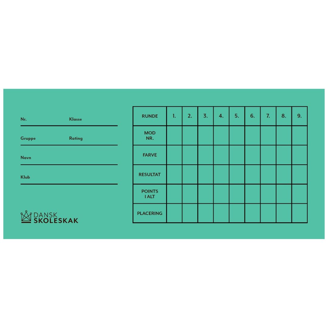 grønne rundekort til skakturneringer med dansk skoleskaks logo og op til 9 runder