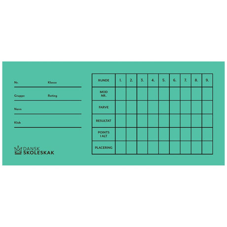 grønne rundekort til skakturneringer med dansk skoleskaks logo og op til 9 runder