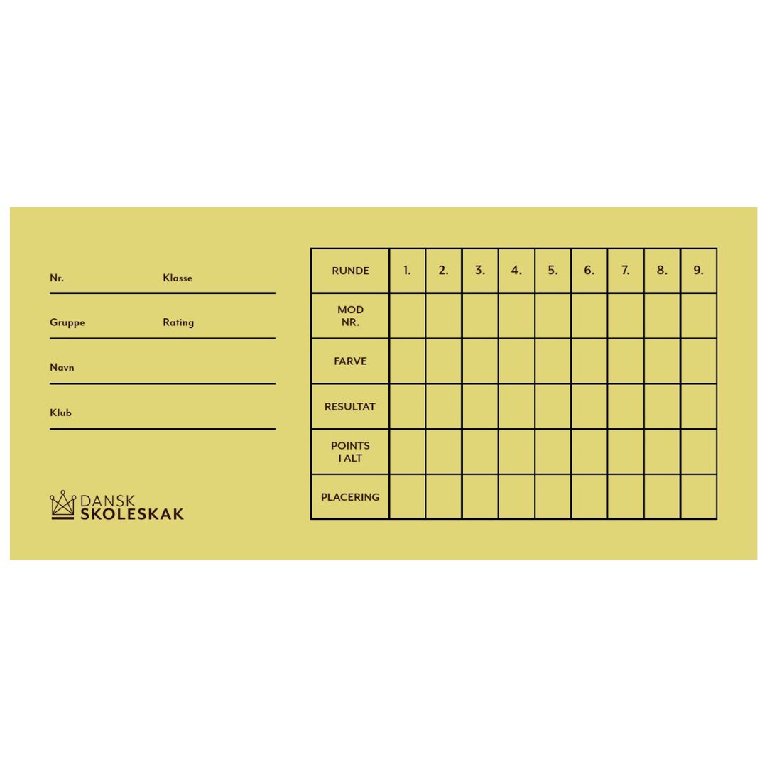 Rundekort i gul farve fra dansk skoleskak som kan bruges til skakturneringen eller i forbindelse med skoleskak