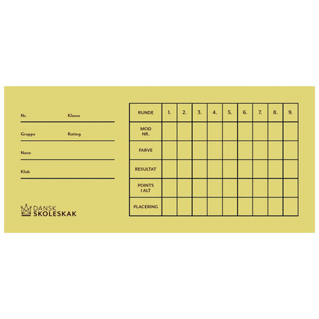 Rundekort i gul farve fra dansk skoleskak som kan bruges til skakturneringen eller i forbindelse med skoleskak