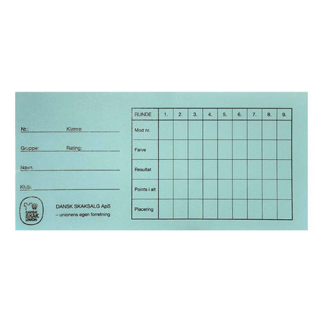 forside af rundekort fra dansk skaksalg, der kan bruges til at lægge en skakturnering i formatet monrad her i farven lyseblå