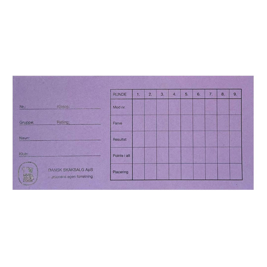 forside af rundekort fra dansk skaksalg, der kan bruges til at lægge en skakturnering i formatet monrad her i farven LILLA