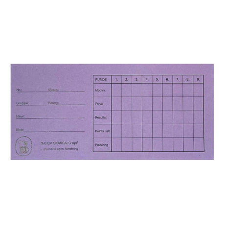 forside af rundekort fra dansk skaksalg, der kan bruges til at lægge en skakturnering i formatet monrad her i farven LILLA
