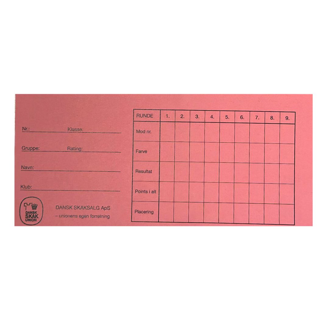 forside af rundekort fra dansk skaksalg, der kan bruges til at lægge en skakturnering i formatet monrad her i farven lyserød