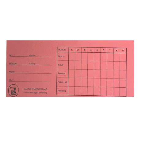forside af rundekort fra dansk skaksalg, der kan bruges til at lægge en skakturnering i formatet monrad her i farven lyserød
