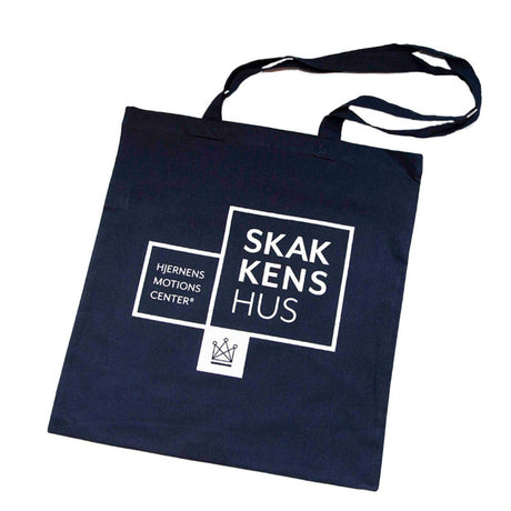 Mulepose i en mørkeblå farve med Skakkens hus - hjernens motionscenter og Dansk Skoleskaks logo påtrykt