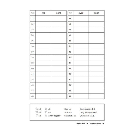 Bagside af en noteringsblok noteringsliste fra dansk skoleskak som kan købes i skakshoppen.dk