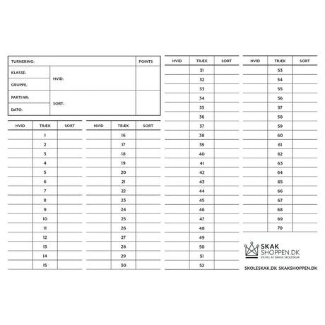noteringsliste med gennemslag og plads til op til 70 træk med skakshoppen og dansk skoleskaks logo i nederste højre hjørne