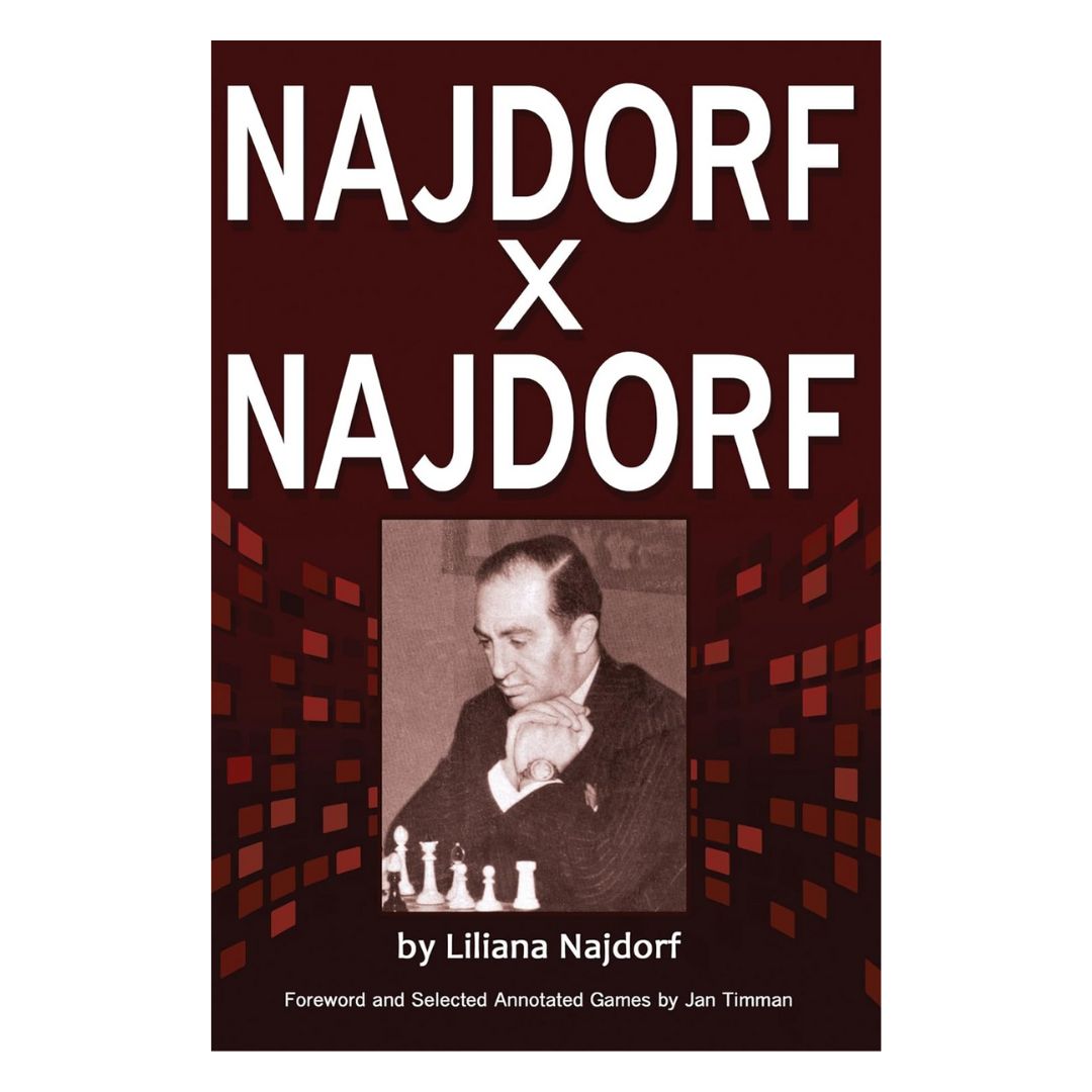 Forside af “najdorf x najdorf”, en personlig og historisk skildring af skakmesteren, skrevet af hans datter Liliana Najdorf.