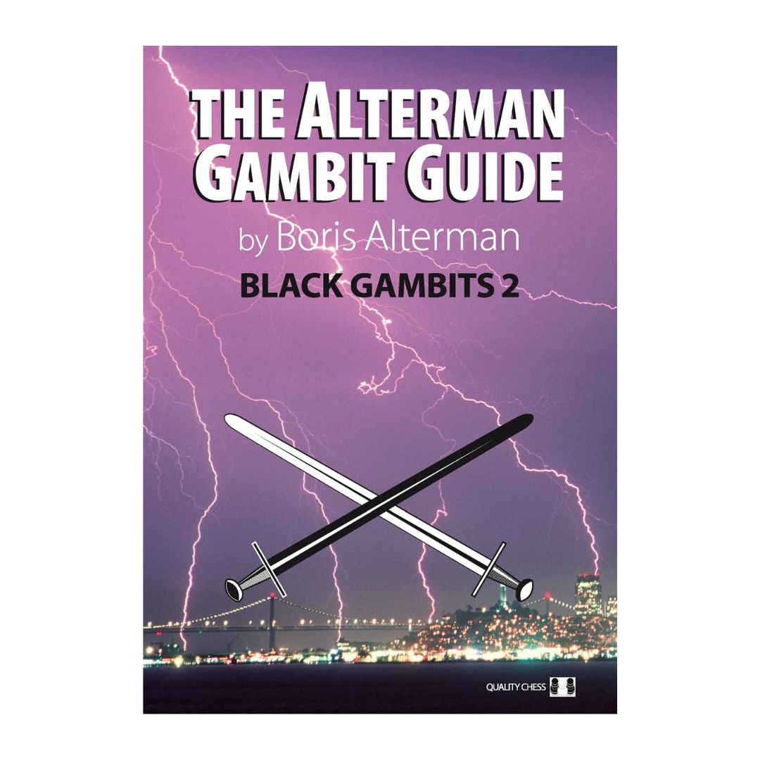 En lilla himmel med lyn over en by og krydsende sværklingersom forside til en skakbog om gmabitter med de sorte skakbrikker