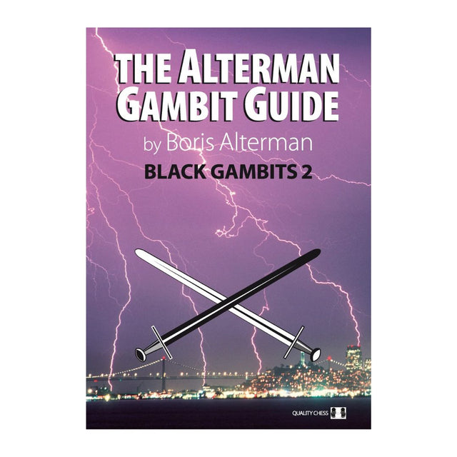 En lilla himmel med lyn over en by og krydsende sværklingersom forside til en skakbog om gmabitter med de sorte skakbrikker