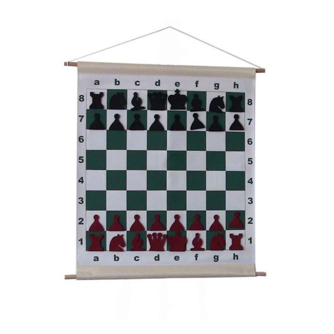 Demobrlt i vinyl der kan hænges op så man kan undervise ud fra det i sin skakklub eller til skoleskak