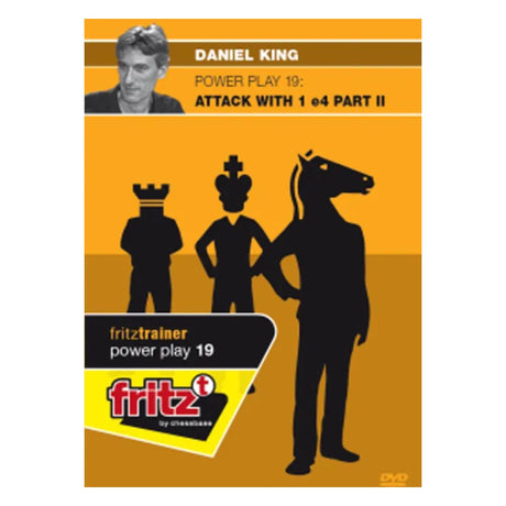 Forsiden af dvd power play 19 attack with 1 e4 part 2 dækker flere varianter af åbningsspillet med de hvide brikker når man starter med at spille kongebonden frem