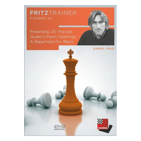Dvd powerplay 25: populære åbninger med dronningebonde - et åbningsrepertoire for sort udgivet af chess med en orange dronning på forsiden