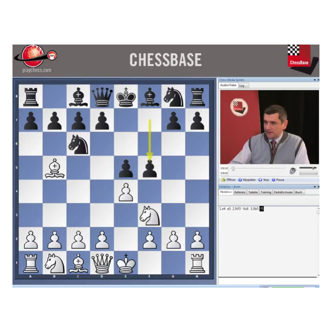 Stormester viktor bologan analyserer varianter i spansk åbning i skakspillet og viser et træk f5 med en gul pil på skakbrættet