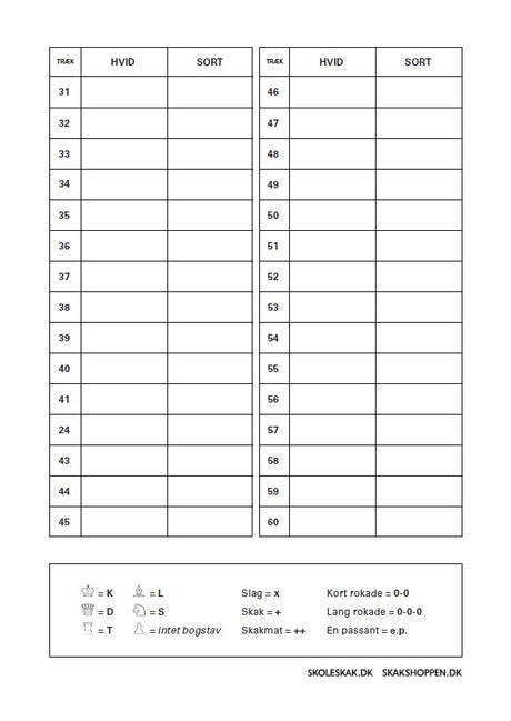 bagsiden af en noteringsblok fra dansk skoleskak og skakshoppen.dk med plads til 30 træk for begge skakspillere samt en forklaring på de forskellige symboler i skak