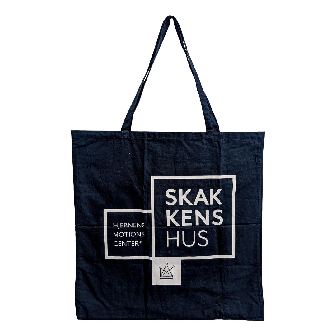 Stor mulepose i bomuld med skakkens hus logo trykt på