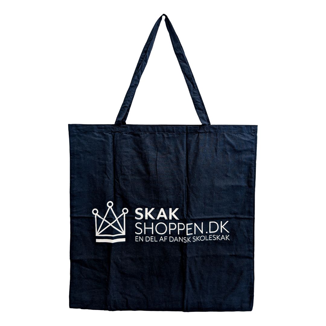 Stor mulepose fra skakshoppen.dk i bomuld med plads til transport af skakbræt