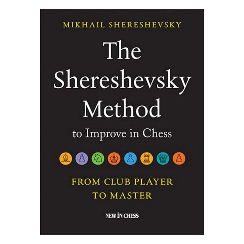 Bogforsiden til "The Shereshevsky Method to Improve in Chess" viser et mørkt, stilrent design med forfatterens navn øverst og en rød/hvid grafik af skakbrikker eller abstrakte geometriske former, der symboliserer strategi.