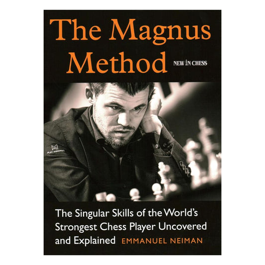 Forsiden af The Magnus Method af FM Emmanuel Neiman – en dybdegående skakbog, der undersøger Magnus Carlsens unikke spillestil og strategiske tilgang, som gør ham til verdens bedste spiller.