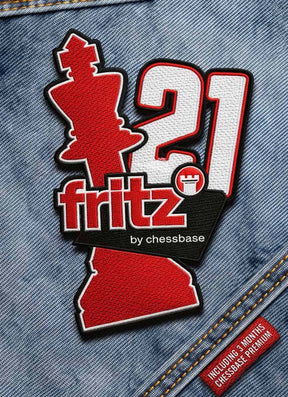 Logo for Fritz 21 skakprogrammet fra ChessBase broderet på denim.