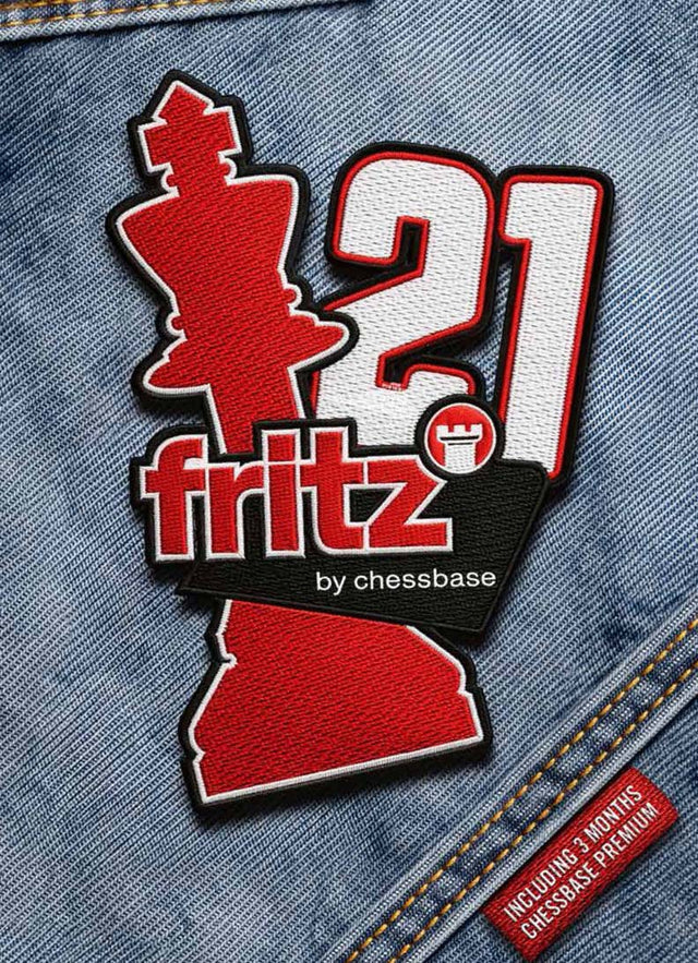 Logo for Fritz 21 skakprogrammet fra ChessBase broderet på denim.