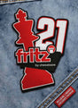 Logo for Fritz 21 skakprogrammet fra ChessBase broderet på denim.