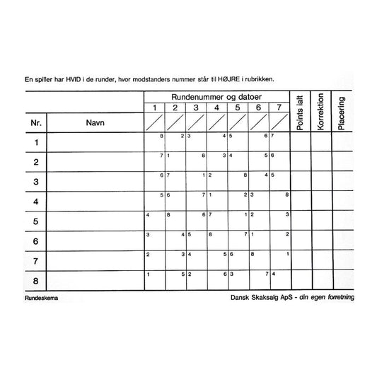 Lille rundeskema med plads til 8 skakspillere i skakturneringen fra skakshoppen