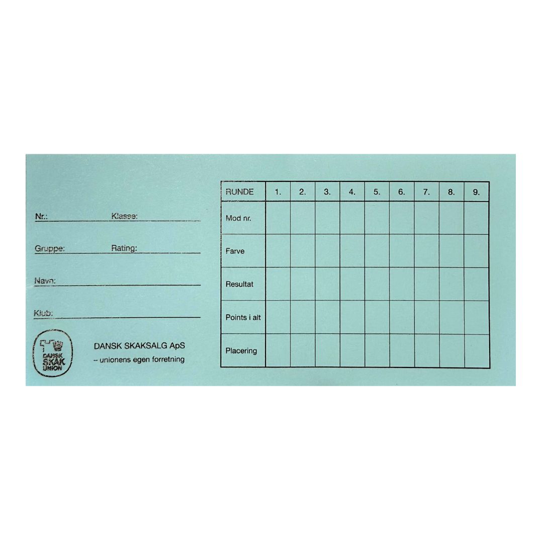 forside af rundekort fra dansk skaksalg, der kan bruges til at lægge en skakturnering i formatet monrad her i farven lyseblå
