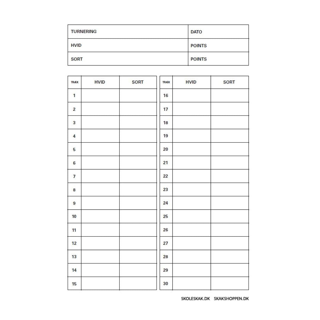 Forside af en noteringsblok noteringsliste fra dansk skoleskak som kan købes i skakshoppen.dk