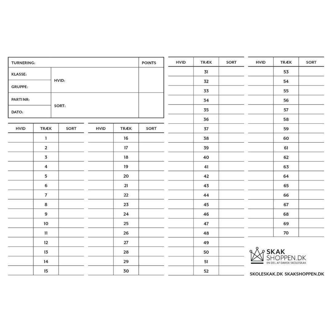 noteringsliste med gennemslag og plads til op til 70 træk med skakshoppen og dansk skoleskaks logo i nederste højre hjørne