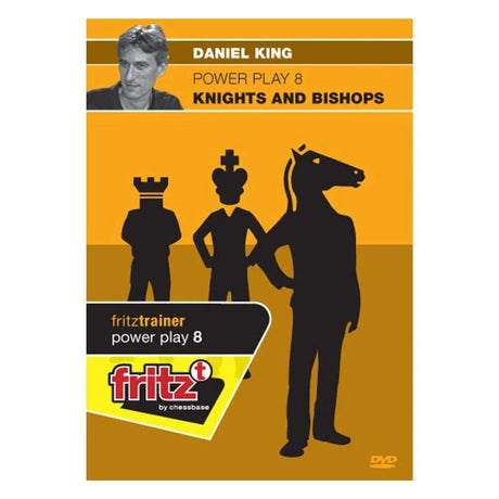 Forsiden af en dvd med titlen power play 8 knight and bishops der har mennesker med skakbrikker på hovedet i forgrunden