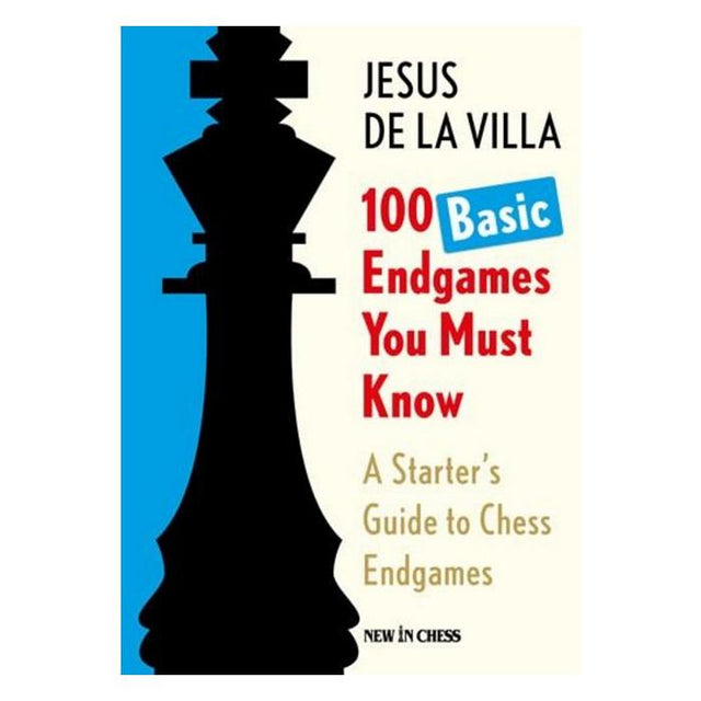 Omslag til bogen 100 Basic Endgames You Must Know af Jesus de la Villa. Designet er delt i blåt og hvidt med en stor silhuet af en sort skakkonge i venstre side og rød og blå tekst til højre.