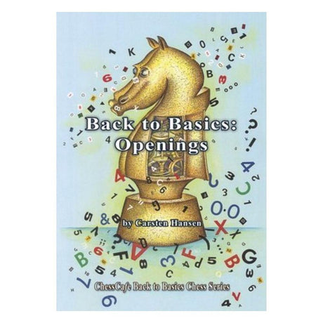 Forside til 'Back to Basics: Openings' af Carsten Hansen, som forestiller en stor gylden springer omgivet af tal, bogstaver og skaksymboler.