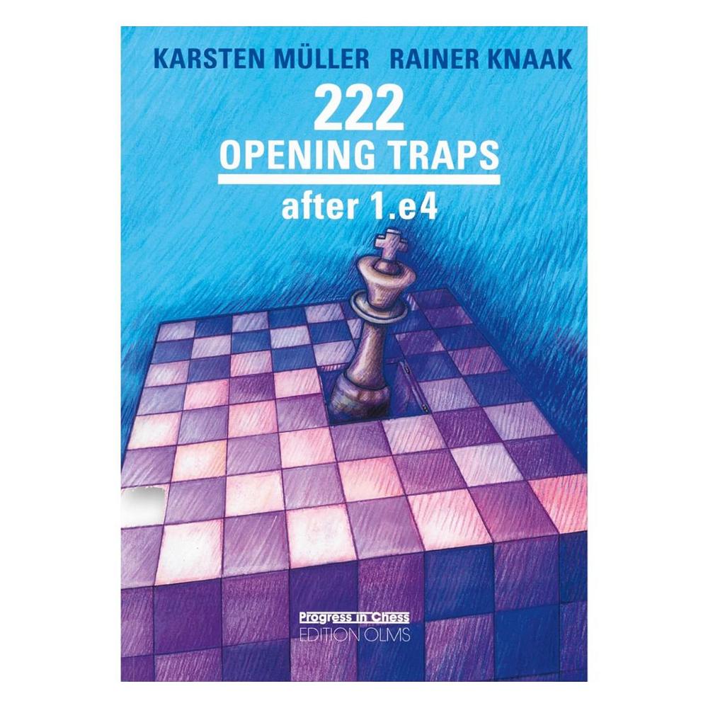 Bogomslag til "222 Opening Traps after 1.d4", som viser en sort konge, der falder ned i en skakternet faldlem.

