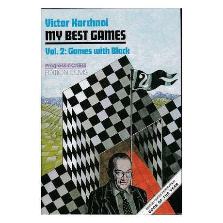 Bogomslag til "Viktor Korchnoi: My Best Games, Vol. 2", som viser et sort-hvidt portræt af en tænkende Viktor Korchnoi.