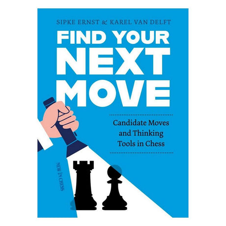 Forsiden af skakbogen 'Find Your Next Move' af Sipke Ernst og Karel van Delft. Motivet er sort med en hvid grafik af en hjerne, der er forbundet som et netværk af noder. Titlen står med store, hvide bogstaver øverst, og New In Chess-logoet ses nederst.