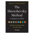 Bogforsiden til "The Shereshevsky Method to Improve in Chess" viser et mørkt, stilrent design med forfatterens navn øverst og en rød/hvid grafik af skakbrikker eller abstrakte geometriske former, der symboliserer strategi.