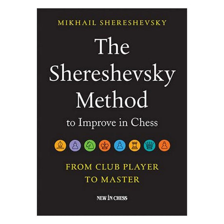 Bogforsiden til "The Shereshevsky Method to Improve in Chess" viser et mørkt, stilrent design med forfatterens navn øverst og en rød/hvid grafik af skakbrikker eller abstrakte geometriske former, der symboliserer strategi.