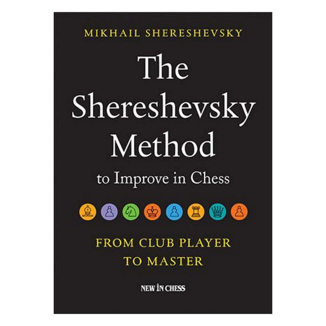 Bogforsiden til "The Shereshevsky Method to Improve in Chess" viser et mørkt, stilrent design med forfatterens navn øverst og en rød/hvid grafik af skakbrikker eller abstrakte geometriske former, der symboliserer strategi.