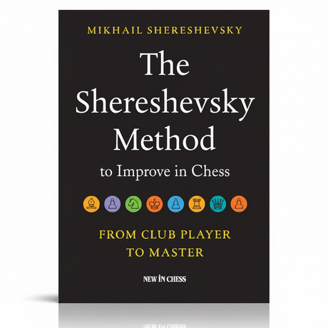 Bogforsiden til "The Shereshevsky Method to Improve in Chess" viser et mørkt, stilrent design med forfatterens navn øverst og en rød/hvid grafik af skakbrikker eller abstrakte geometriske former, der symboliserer strategi.
