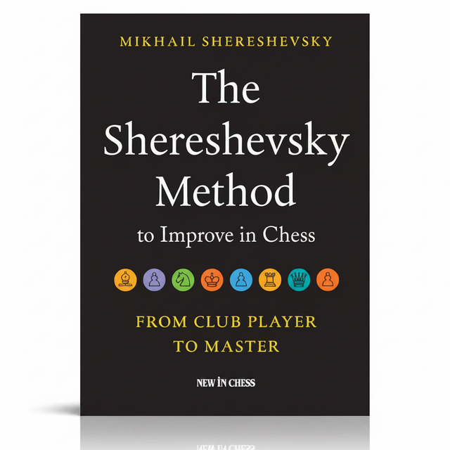 Bogforsiden til "The Shereshevsky Method to Improve in Chess" viser et mørkt, stilrent design med forfatterens navn øverst og en rød/hvid grafik af skakbrikker eller abstrakte geometriske former, der symboliserer strategi.