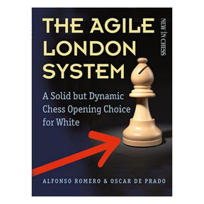 Bogforsiden til "The Agile London System" viser en stiliseret hvid løber på en dynamisk baggrund med blå og hvide nuancer, der signalerer fleksibilitet og moderne skakteori.
