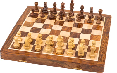 Luksus håndlavet indisk skakspil - sammenklappeligt i træ 41 x 41 cm i stofpose 